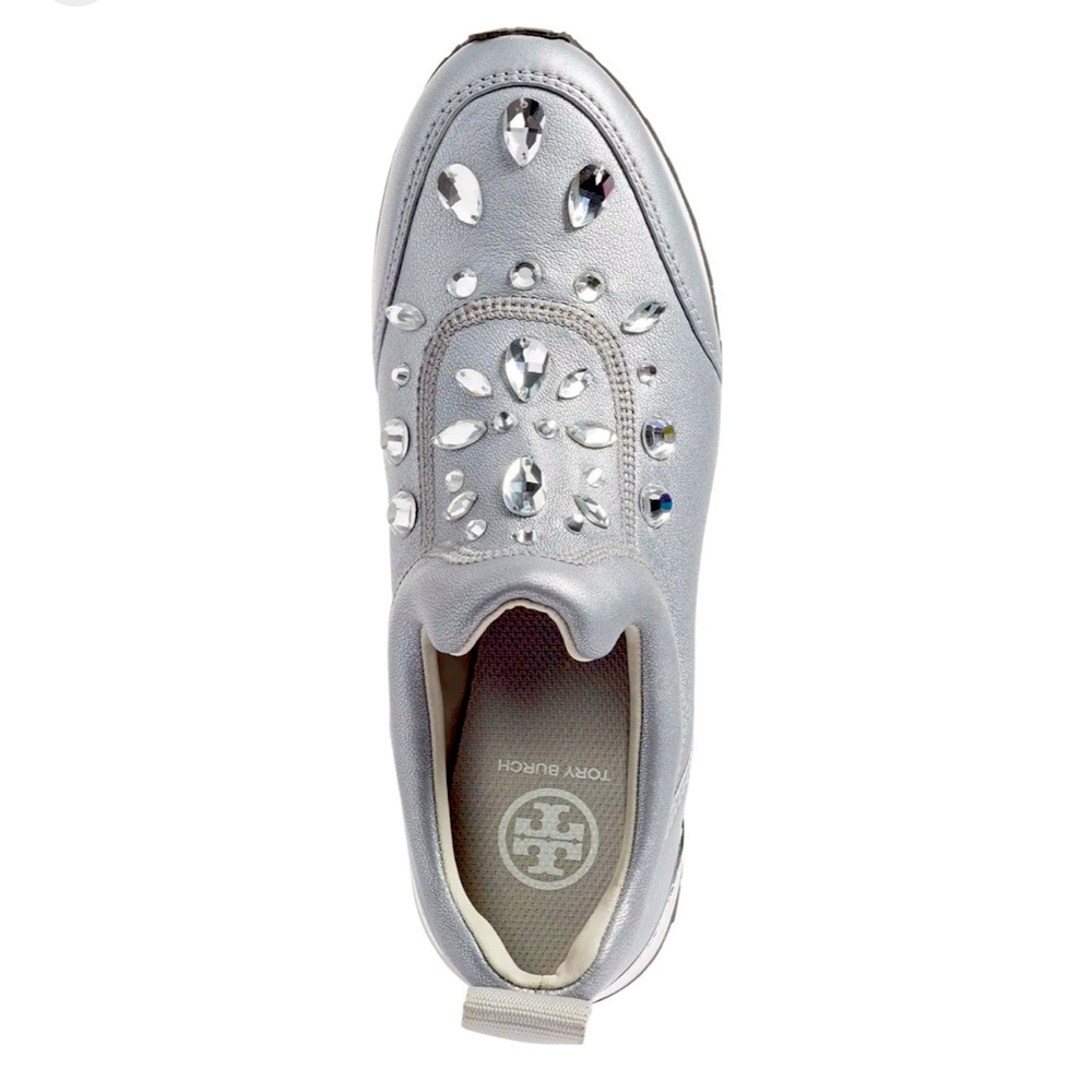 TORY BURCH LANEY CRYSTAL EMBELLISHED SLIP-ON SILVER LEATHER SNEAKERS SIZE 7